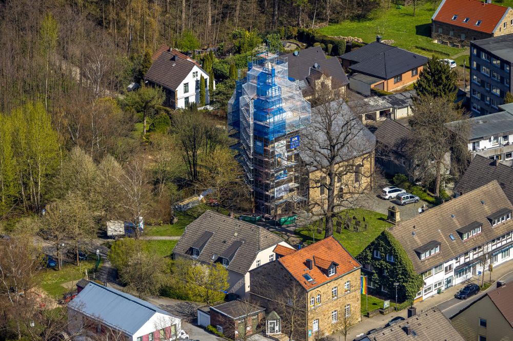 Herdecke from above - Construction site for renovation and reconstruction work on the church building - Kirchturm on street Kirchender Dorfweg in the district Westende in Herdecke at Ruhrgebiet in the state North Rhine-Westphalia, Germany