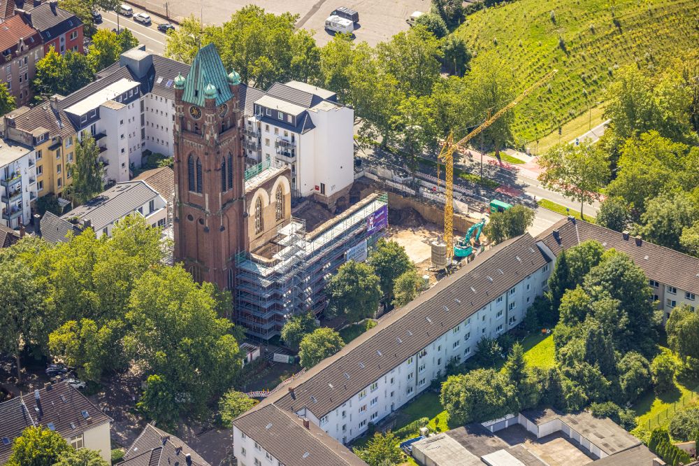 Aerial image Bochum - Construction site for renovation and reconstruction work on the church building Antonius-Quartier on street Arnoldstrasse - Antoniusstrasse - Bessemerstasse in the district Innenstadt in Bochum at Ruhrgebiet in the state North Rhine-Westphalia, Germany