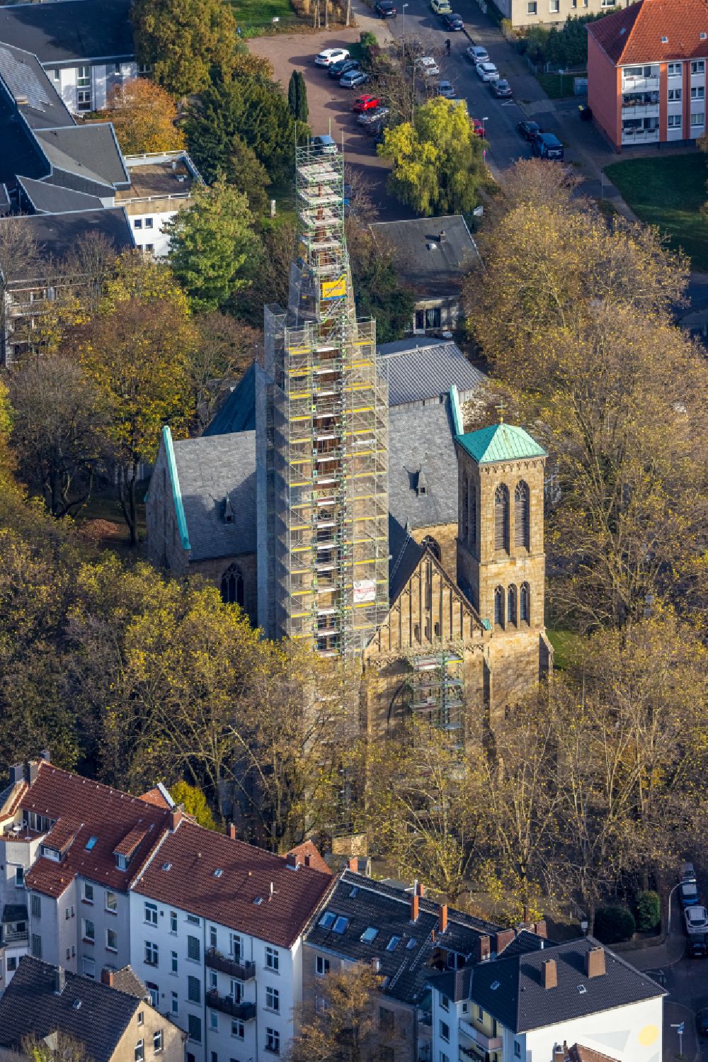 Herne from the bird's eye view: Construction site for renovation and reconstruction work on the church building Herz Jesu Kirche on street Duengelstrasse in Herne at Ruhrgebiet in the state North Rhine-Westphalia, Germany