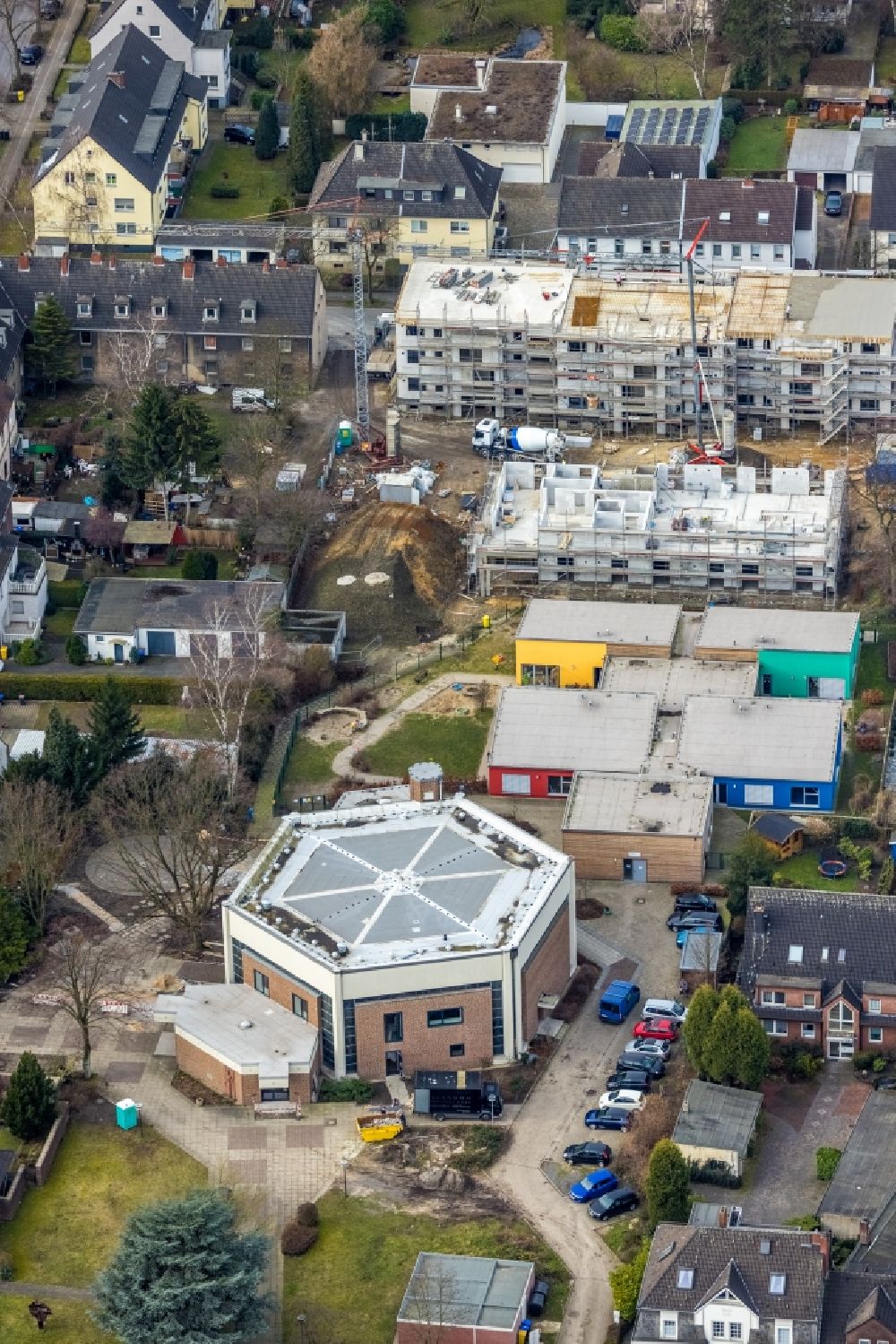 Aerial photograph Bottrop - Construction site for renovation and reconstruction work on the church building of St.-Johannes-Kirche on Johannesstrasse in Bottrop at Ruhrgebiet in the state North Rhine-Westphalia, Germany