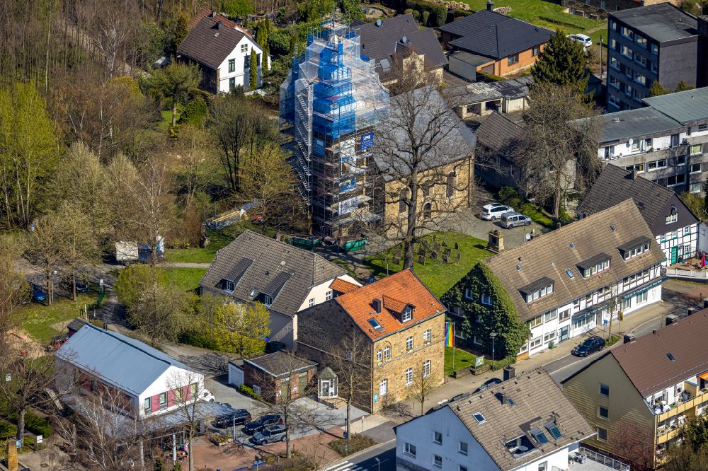 Herdecke from the bird's eye view: Construction site for renovation and reconstruction work on the church building - Kirchturm on street Kirchender Dorfweg in the district Westende in Herdecke at Ruhrgebiet in the state North Rhine-Westphalia, Germany
