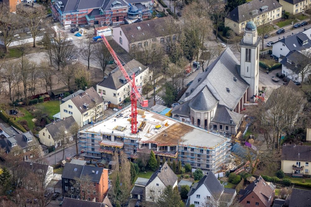 Essen from above - Construction site for renovation and reconstruction work on the church building St. Marienkirche for new apartments on Buschstrasse in the district Steele in Essen at Ruhrgebiet in the state North Rhine-Westphalia, Germany