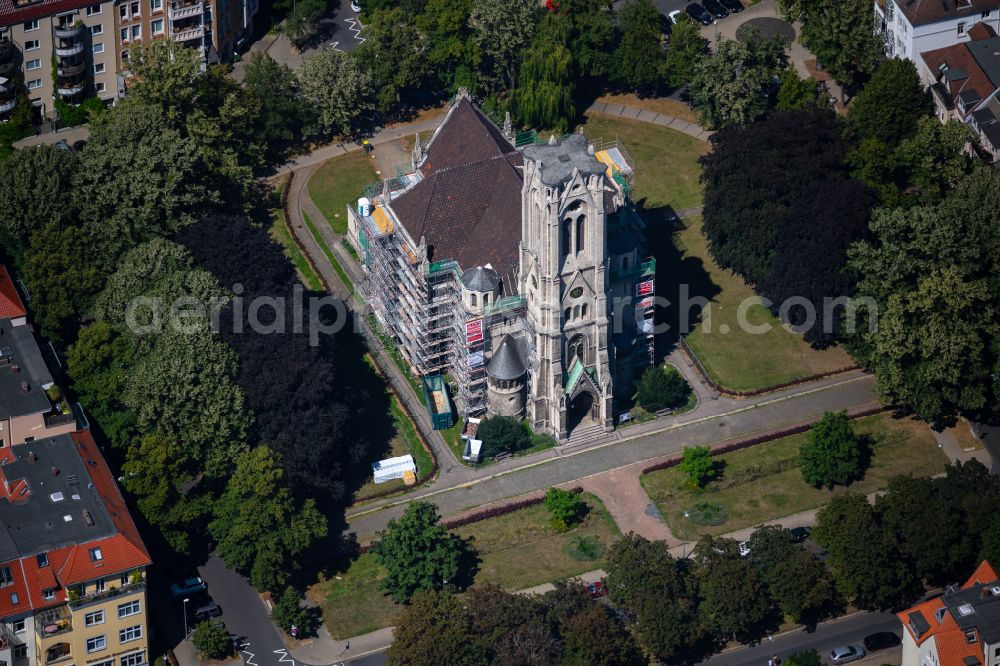 Aerial image Braunschweig - Construction site for renovation and reconstruction work on the church building St. Pauli Kirche in Brunswick in the state Lower Saxony, Germany