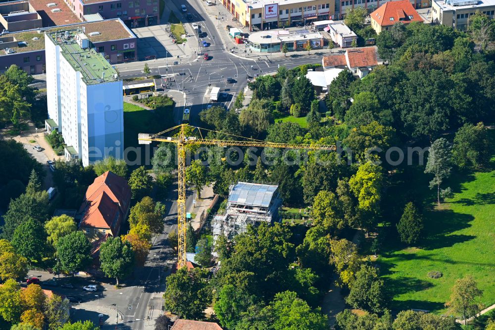Berlin from above - Construction site for renovation and reconstruction work on the church building of Schlosskirche on street Alt-Buch in the district Buch in Berlin, Germany