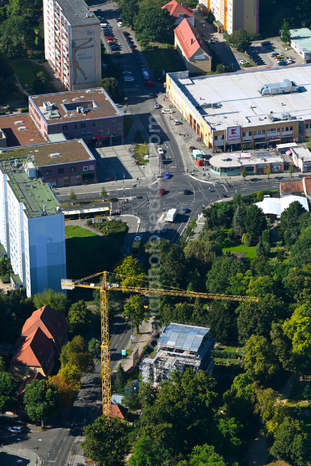 Berlin from the bird's eye view: Construction site for renovation and reconstruction work on the church building of Schlosskirche on street Alt-Buch in the district Buch in Berlin, Germany