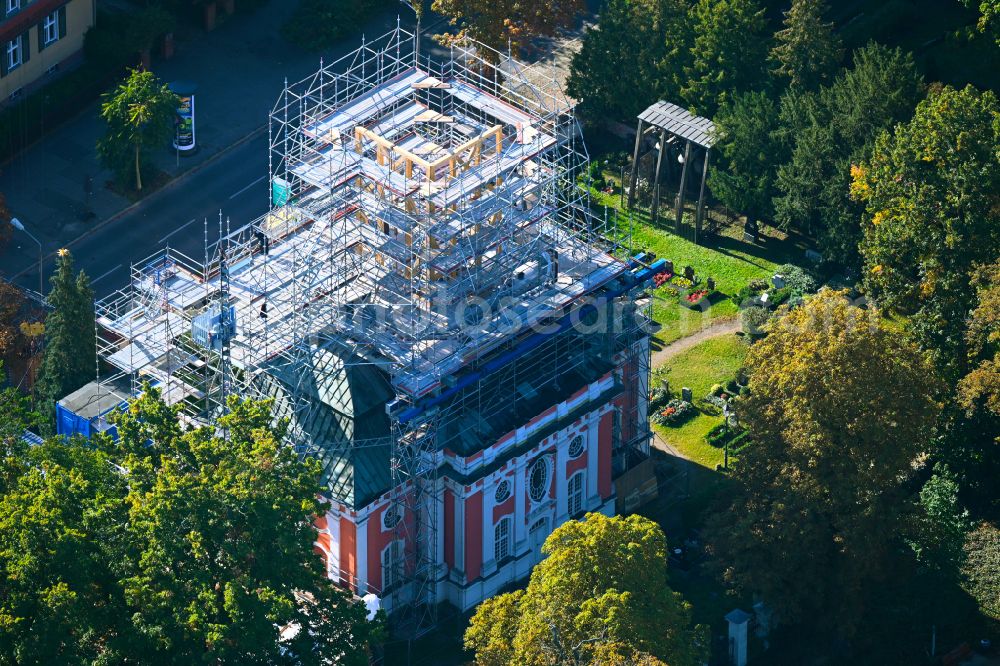 Berlin from above - Construction site for renovation and reconstruction work on the church building of Schlosskirche on street Alt-Buch in the district Buch in Berlin, Germany