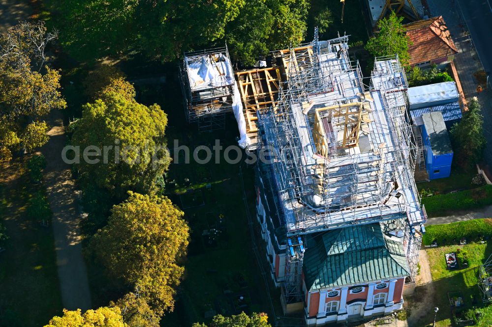 Aerial photograph Berlin - Construction site for renovation and reconstruction work on the church building of Schlosskirche on street Alt-Buch in the district Buch in Berlin, Germany