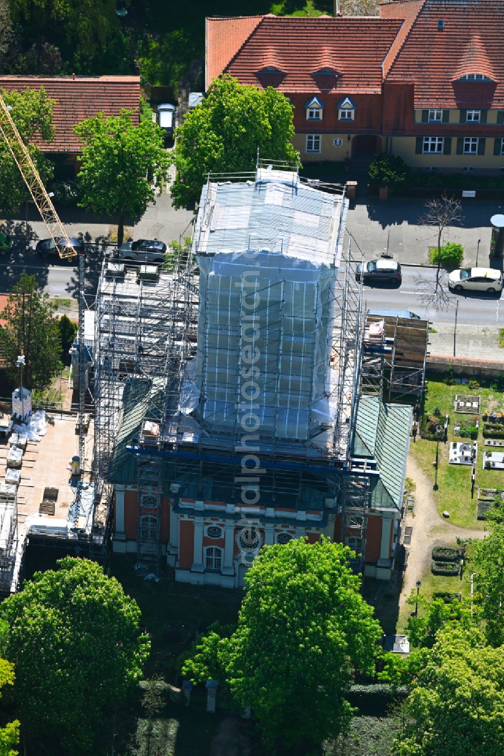 Aerial photograph Berlin - Construction site for renovation and reconstruction work on the church building of Schlosskirche on street Alt-Buch in the district Buch in Berlin, Germany