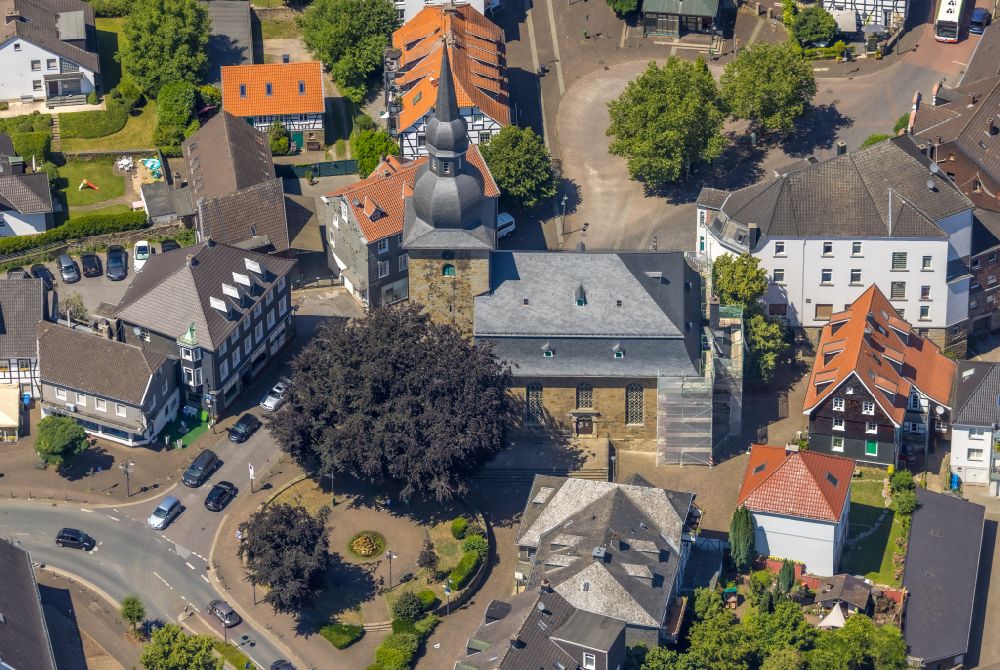 Aerial image Sprockhövel - Construction site for renovation and reconstruction work on the church building Zwiebelturmkirche on street Hauptstrasse in Sprockhoevel in the state North Rhine-Westphalia, Germany