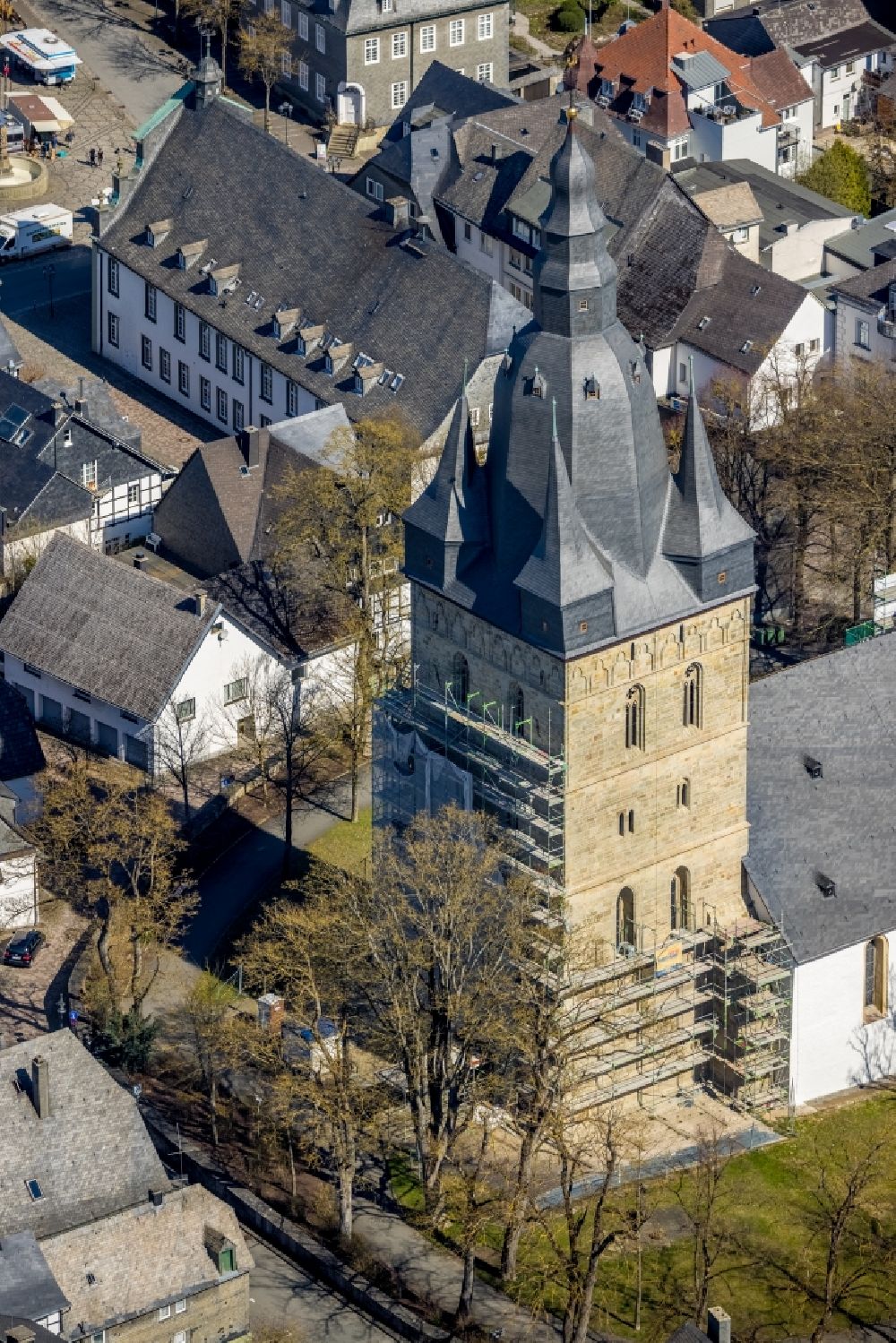 Brilon from above - Construction site for renovation and reconstruction work on the church building Propstei St. Petrus and Andreas in Brilon at Sauerland in the state North Rhine-Westphalia, Germany