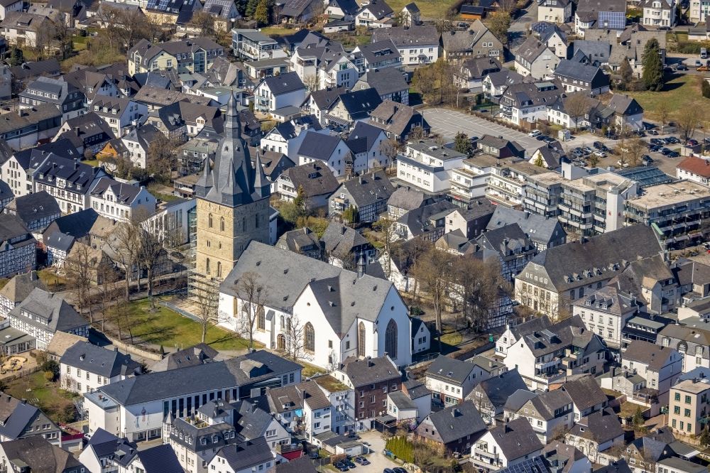 Aerial image Brilon - Construction site for renovation and reconstruction work on the church building Propstei St. Petrus and Andreas in Brilon at Sauerland in the state North Rhine-Westphalia, Germany