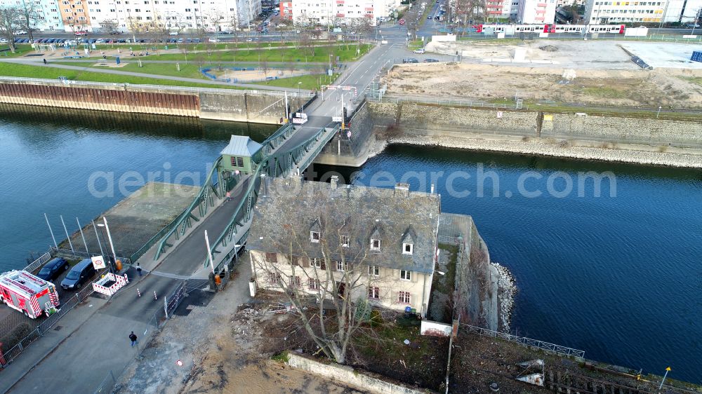 Aerial image Köln - Construction to renovation work on the road bridge structure Deutzer Drehbruecke on street Alfred-Schuette-Allee in the district Deutz in Cologne in the state North Rhine-Westphalia, Germany