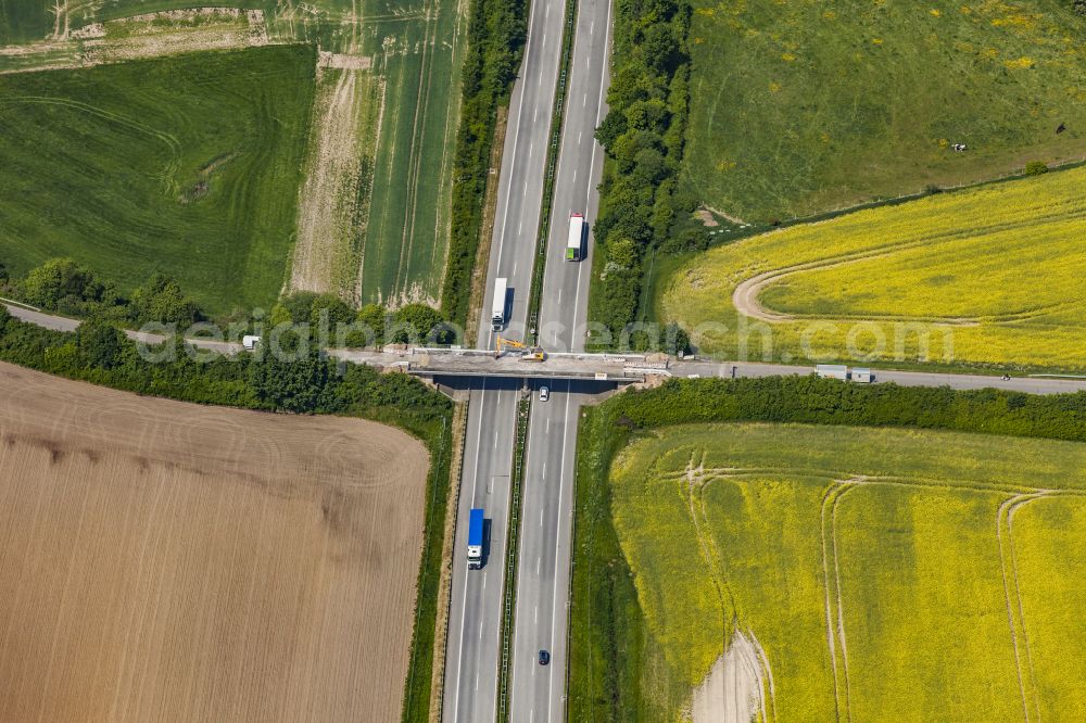 Aerial photograph Damlos - Construction to renovation work on the road bridge structure Hohelieth - Sebent about the Autobahn A1 in Damlos in the state Schleswig-Holstein, Germany