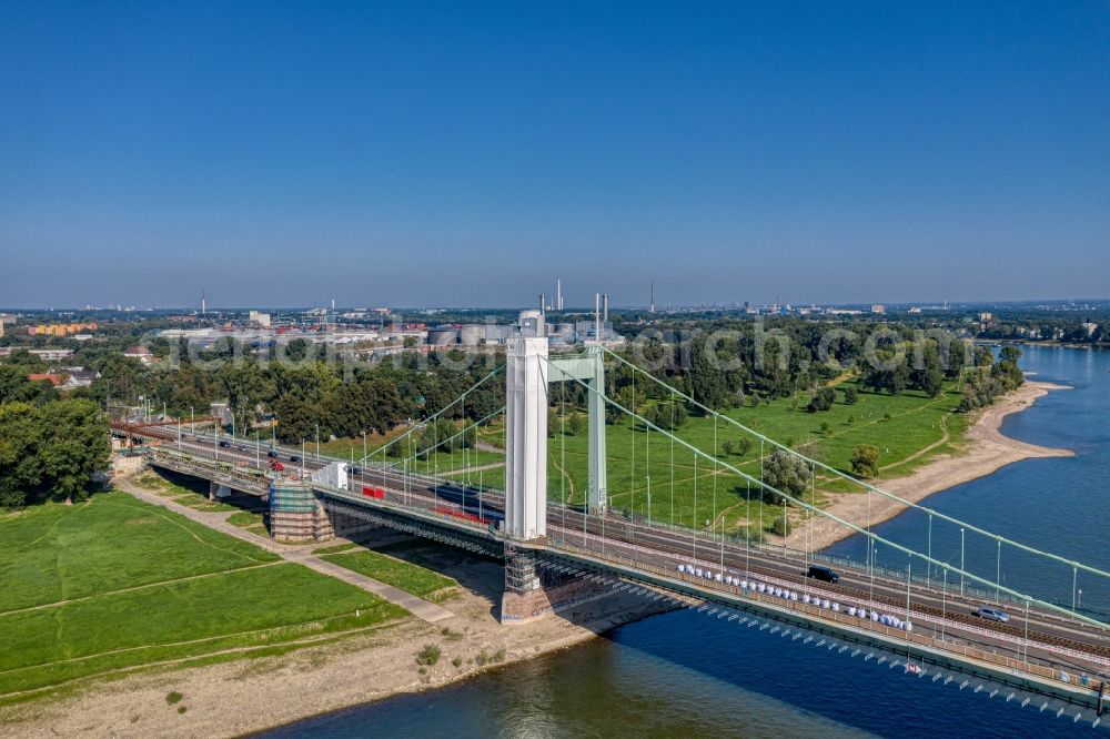 Köln from above - Construction to renovation work on the road bridge structure Muelheimer Bruecke in the district Riehl in Cologne in the state North Rhine-Westphalia, Germany