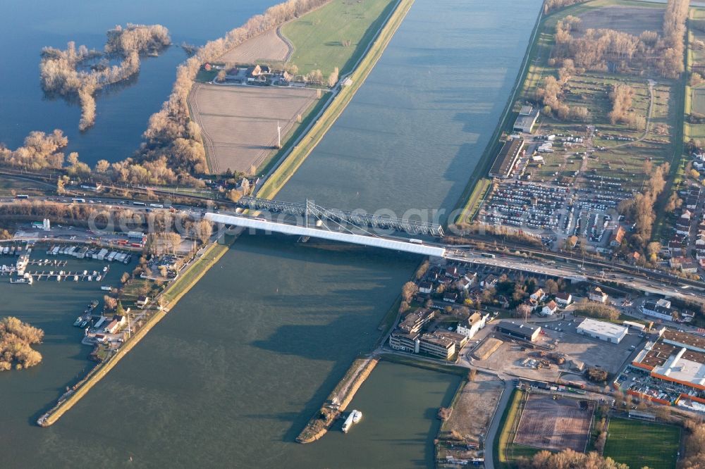 Aerial photograph Karlsruhe - Construction to renovation work on the road bridge structure Rheinbruecke Maxau in the district Knielingen in Karlsruhe in the state Baden-Wurttemberg, Germany