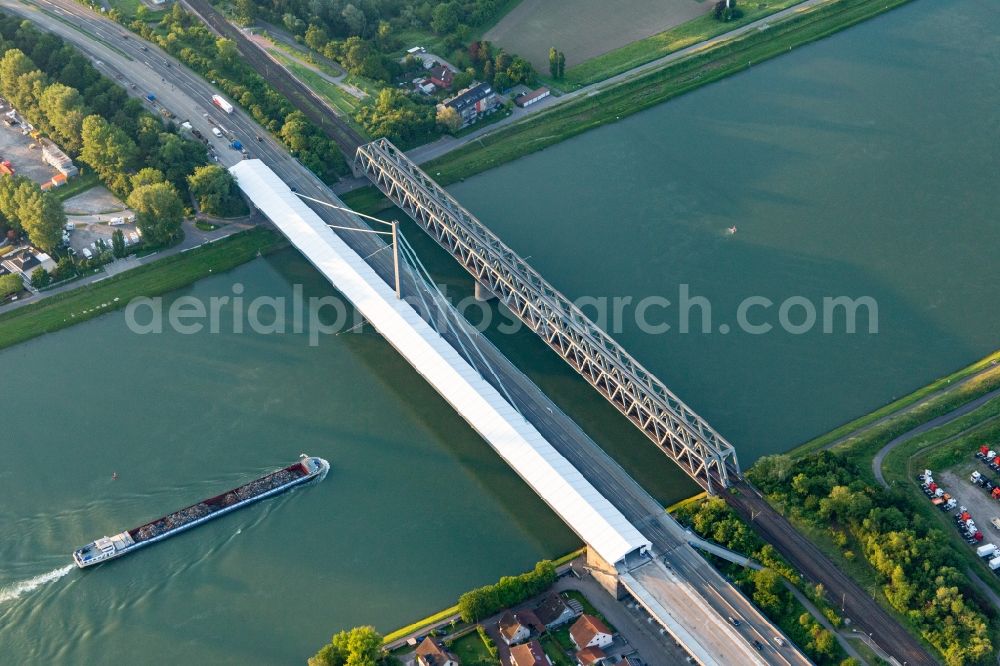 Aerial image Karlsruhe - Construction to renovation work on the road bridge structure Rheinbruecke Maxau in the district Knielingen in Karlsruhe in the state Baden-Wurttemberg, Germany