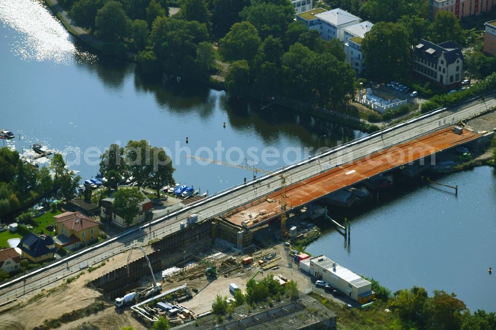 Berlin from the bird's eye view: Construction to renovation work on the road bridge structure of Salvador-Allende-Bruecke on Salvador-Allende-Strasse in the district Koepenick in Berlin, Germany