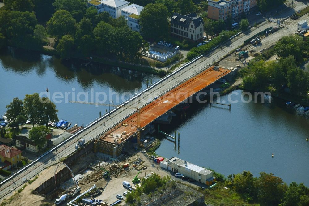 Aerial photograph Berlin - Construction to renovation work on the road bridge structure of Salvador-Allende-Bruecke on Salvador-Allende-Strasse in the district Koepenick in Berlin, Germany