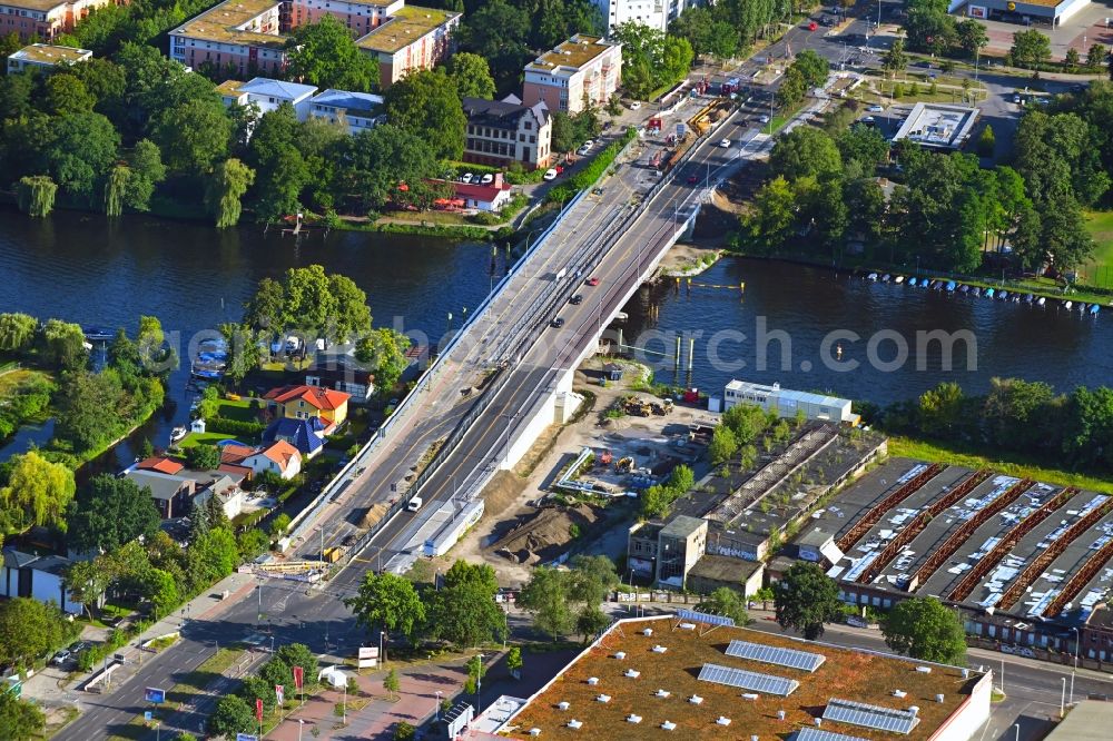 Aerial image Berlin - Construction to renovation work on the road bridge structure of Salvador-Allende-Bruecke on Salvador-Allende-Strasse in the district Koepenick in Berlin, Germany