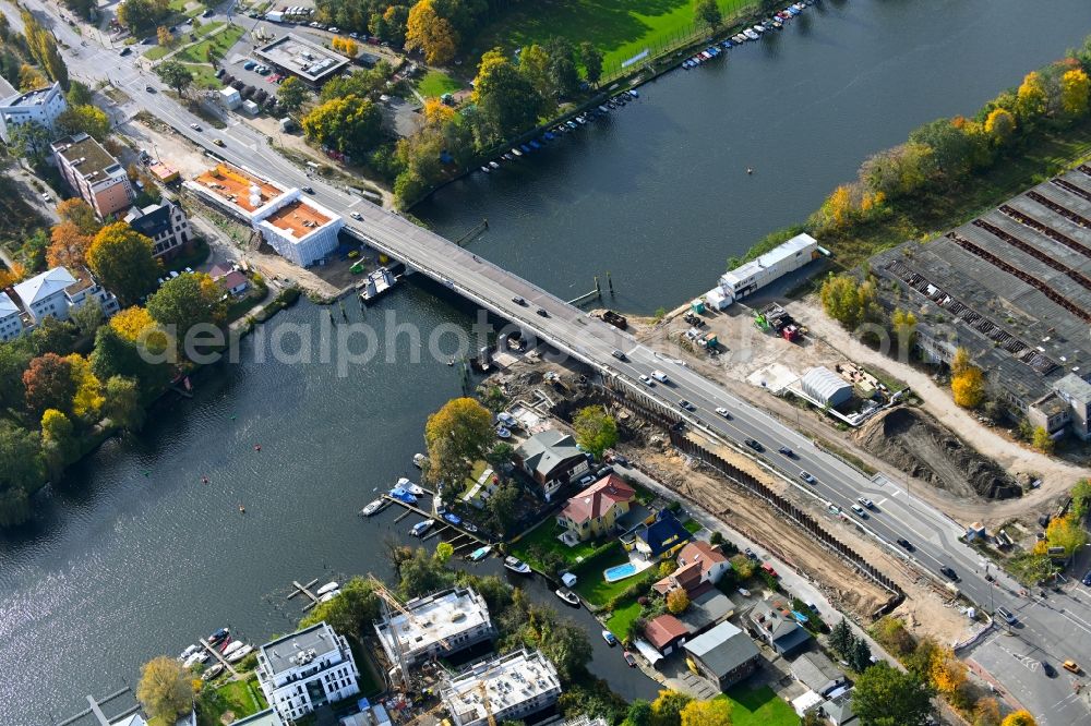 Aerial photograph Berlin - Construction to renovation work on the road bridge structure of Salvador-Allende-Bruecke on Salvador-Allende-Strasse in the district Koepenick in Berlin, Germany