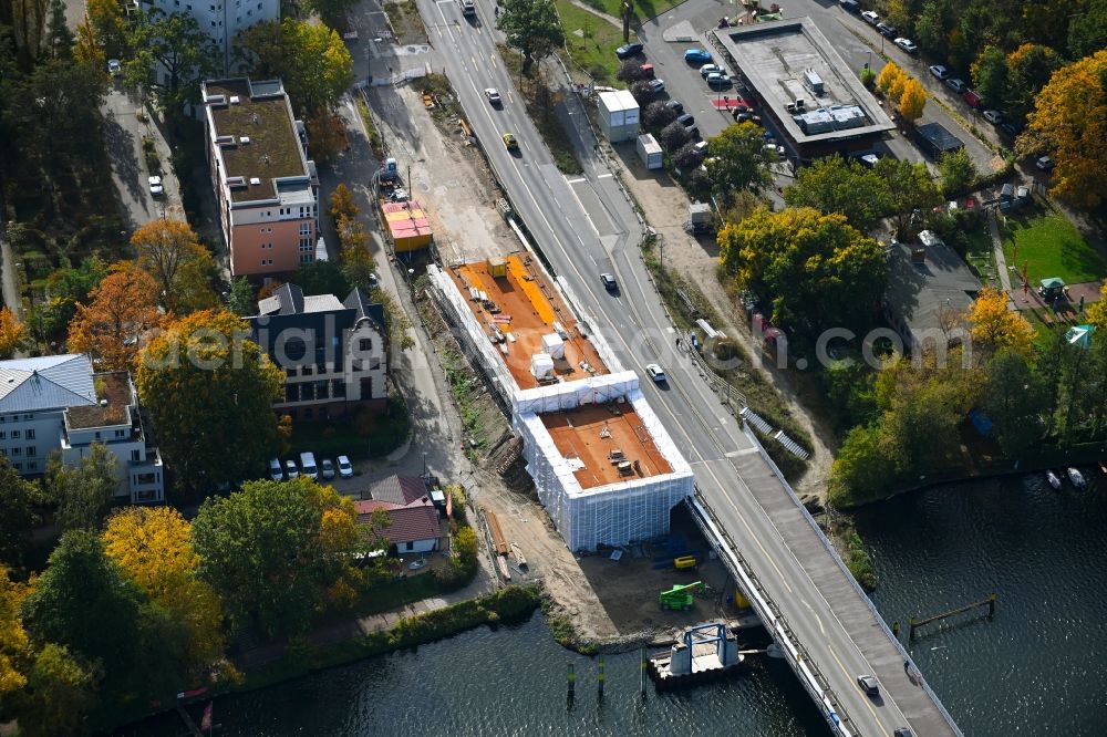 Berlin from above - Construction to renovation work on the road bridge structure of Salvador-Allende-Bruecke on Salvador-Allende-Strasse in the district Koepenick in Berlin, Germany