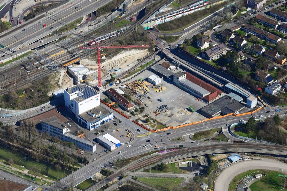 Muttenz from above - Construction site for renovation works at the portal of the Hagnau-Tunnel tube in the area Schaenzli in Muttenz in the canton Basel-Landschaft, Switzerland