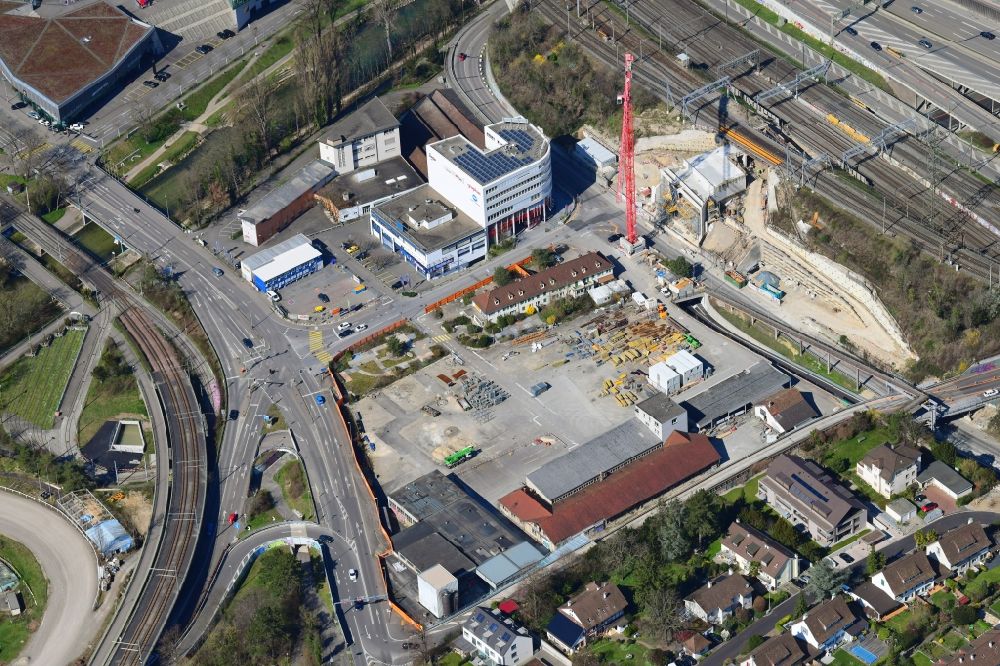 Muttenz from the bird's eye view: Construction site for renovation works at the portal of the Hagnau-Tunnel tube in the area Schaenzli in Muttenz in the canton Basel-Landschaft, Switzerland