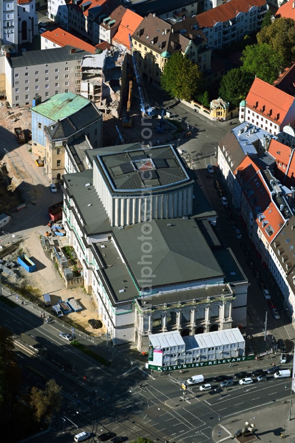 Aerial photograph Augsburg - Construction site for an extension to the building of the concert and theater theater Staatstheater Augsburg in Augsburg in the state Bavaria, Germany