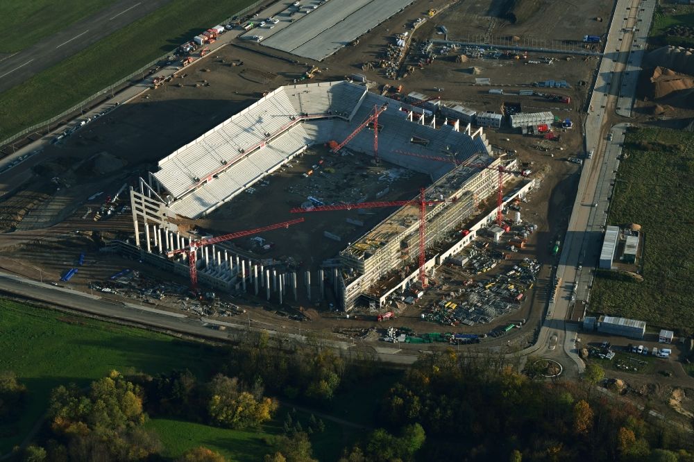 Aerial image Freiburg im Breisgau - Construction site on the sports ground of the stadium SC-Stadion of Stadion Freiburg Objekttraeger GmbH & Co. KG (SFG) in the district Bruehl in Freiburg im Breisgau in the state Baden-Wuerttemberg, Germany. The new stadium is next to the airport EDTF