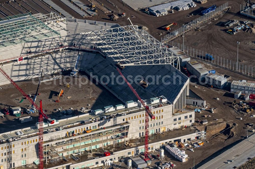 Aerial photograph Freiburg im Breisgau - Construction site on the sports ground of the stadium SC-Stadion of Stadion Freiburg Objekttraeger GmbH & Co. KG (SFG) in the district Bruehl in Freiburg im Breisgau in the state Baden-Wurttemberg, Germany. The new stadium is next to the airport EDTF