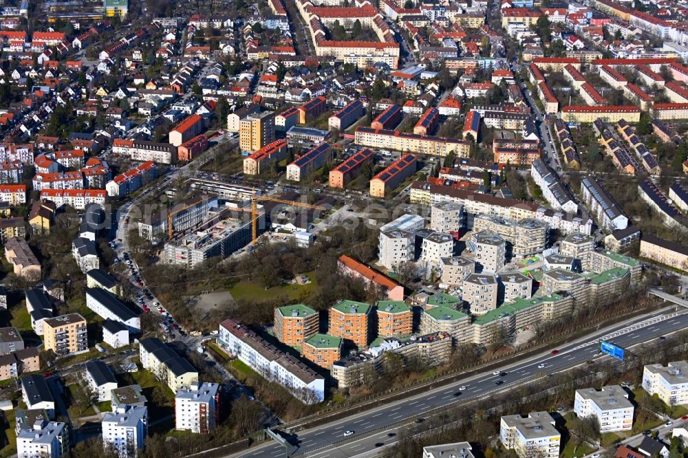 München from above - Construction site to build a new multi-family residential complex Ludtstrasse - Senftenhauer Strasse in the district Hadern in Munich in the state Bavaria, Germany