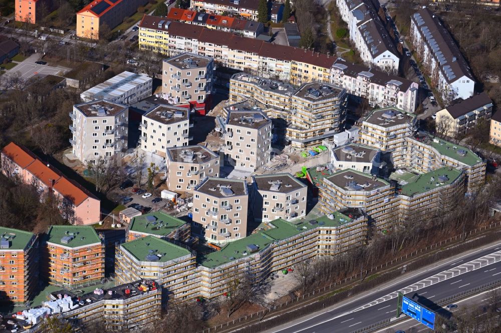 München from the bird's eye view: Construction site to build a new multi-family residential complex Ludtstrasse - Senftenhauer Strasse in the district Hadern in Munich in the state Bavaria, Germany