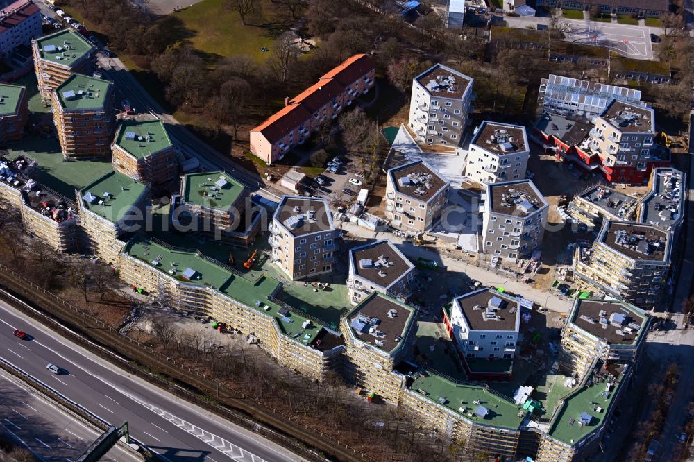 Aerial photograph München - Construction site to build a new multi-family residential complex Ludtstrasse - Senftenhauer Strasse in the district Hadern in Munich in the state Bavaria, Germany