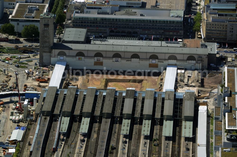 Aerial image Stuttgart - Construction site at the Stuttgart Central station in Baden-Wuerttemberg. The termnal station will be largely demolished during the project Stuttgart 21 and converted into an underground transit station