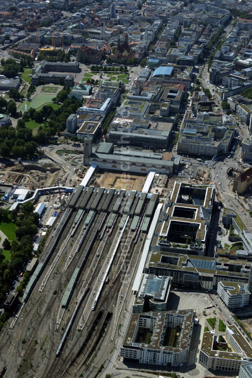 Aerial image Stuttgart - Construction site at the Stuttgart Central station in Baden-Wuerttemberg. The termnal station will be largely demolished during the project Stuttgart 21 and converted into an underground transit station