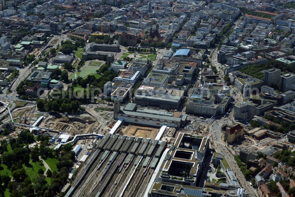 Aerial photograph Stuttgart - Construction site at the Stuttgart Central station in Baden-Wuerttemberg. The termnal station will be largely demolished during the project Stuttgart 21 and converted into an underground transit station