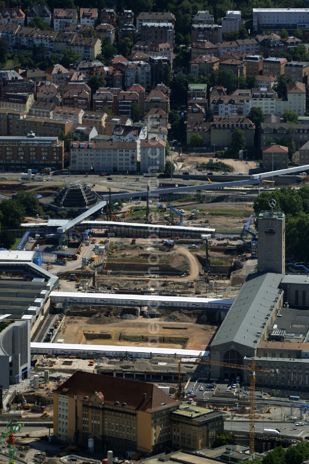 Stuttgart from above - Construction site at the Stuttgart Central station in Baden-Wuerttemberg. The termnal station will be largely demolished during the project Stuttgart 21 and converted into an underground transit station