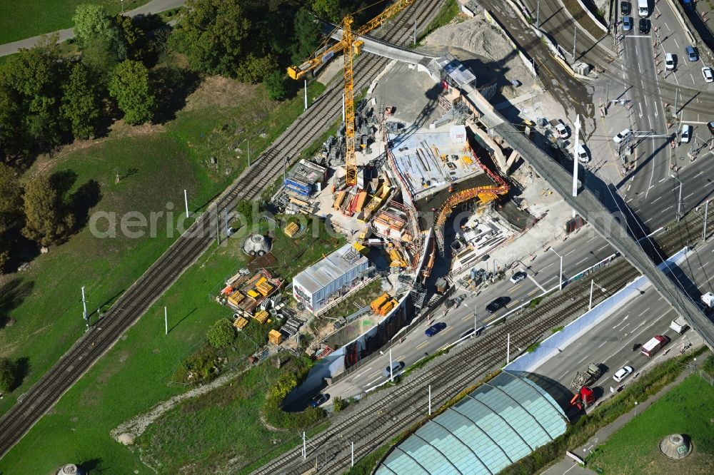 Stuttgart from the bird's eye view: Construction site with tunnel guide for the route on Cannstatter Strasse in Stuttgart in the state Baden-Wuerttemberg, Germany