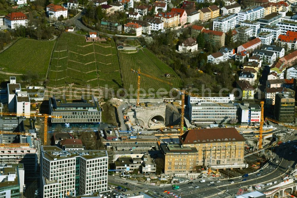 Aerial photograph Stuttgart - Construction site with tunneling work for the route and the course of the S21 between Heilbronner and Jaegerstrasse in Stuttgart in the state Baden-Wurttemberg, Germany