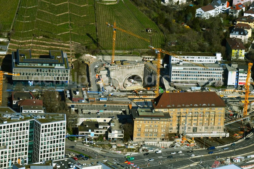 Stuttgart from above - Construction site with tunneling work for the route and the course of the S21 between Heilbronner and Jaegerstrasse in Stuttgart in the state Baden-Wurttemberg, Germany