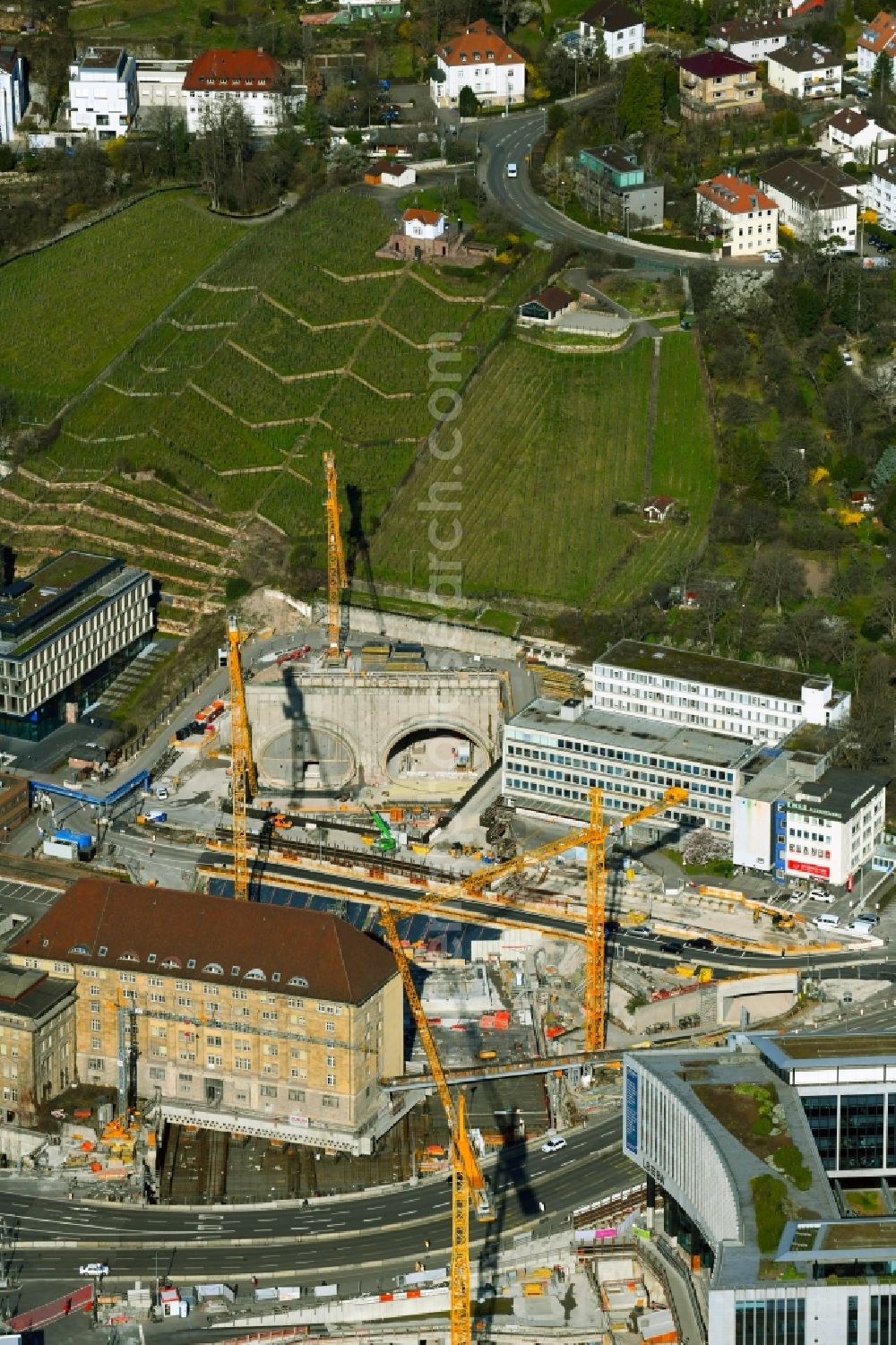 Stuttgart from the bird's eye view: Construction site with tunneling work for the route and the course of the S21 between Heilbronner and Jaegerstrasse in Stuttgart in the state Baden-Wurttemberg, Germany
