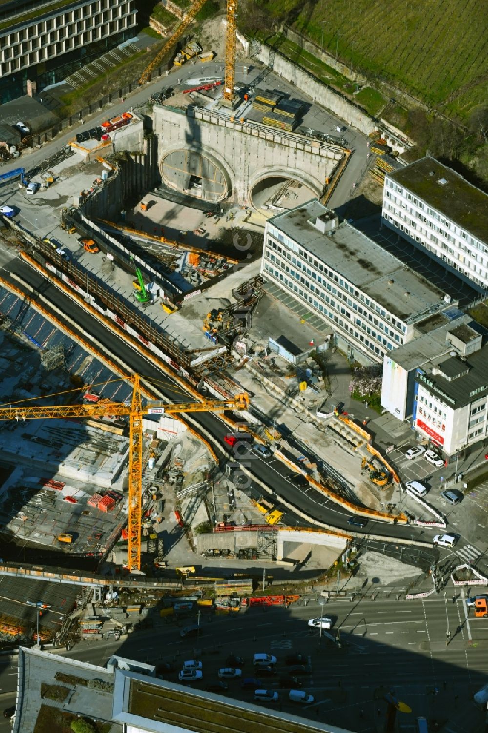Aerial image Stuttgart - Construction site with tunneling work for the route and the course of the S21 between Heilbronner and Jaegerstrasse in Stuttgart in the state Baden-Wurttemberg, Germany