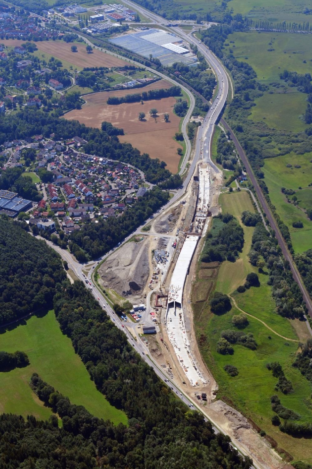 Reichenau from above - Construction site with tunnel guide of Waldsiedlungstunnel for the route of B33 near Constance in Reichenau in the state Baden-Wuerttemberg, Germany