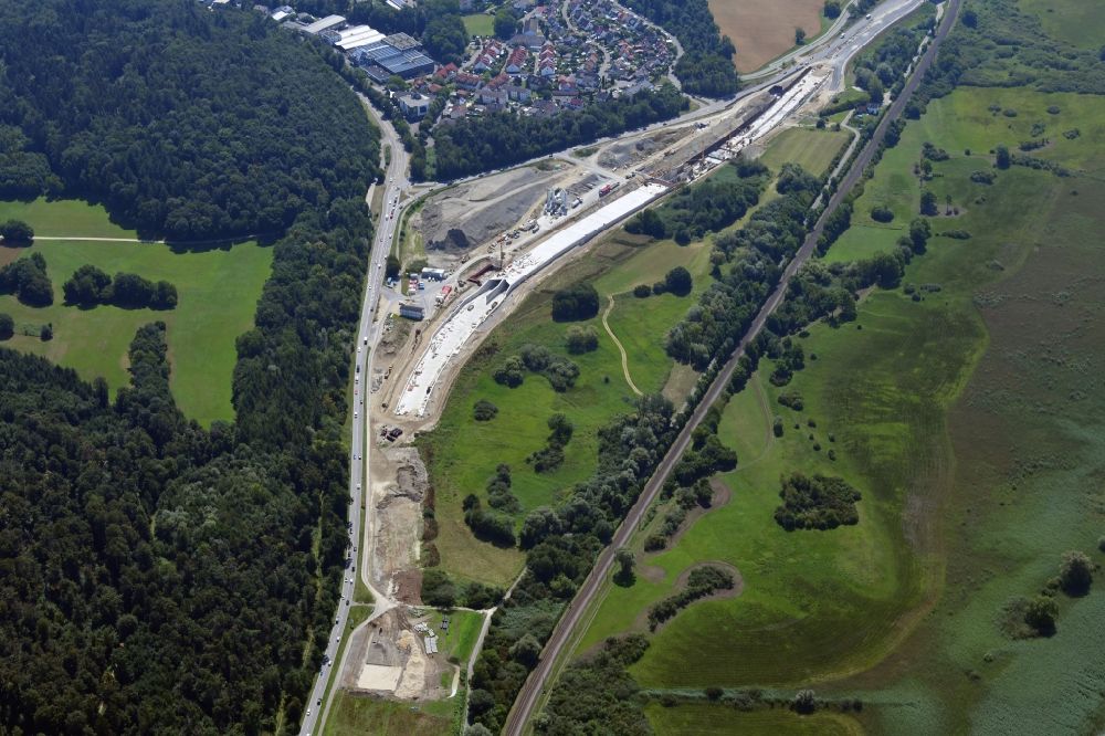 Aerial image Reichenau - Construction site with tunnel guide of Waldsiedlungstunnel for the route of B33 near Constance in Reichenau in the state Baden-Wuerttemberg, Germany