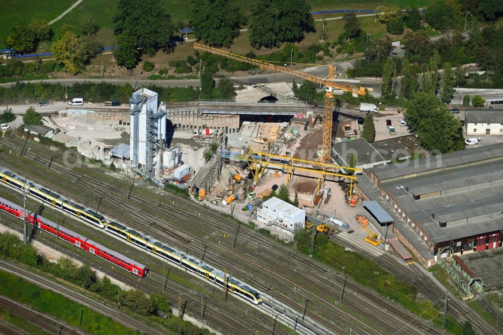 Stuttgart from the bird's eye view: Construction site with tunnel guide for the route of Ehmannstrasse in Stuttgart in the state Baden-Wuerttemberg, Germany