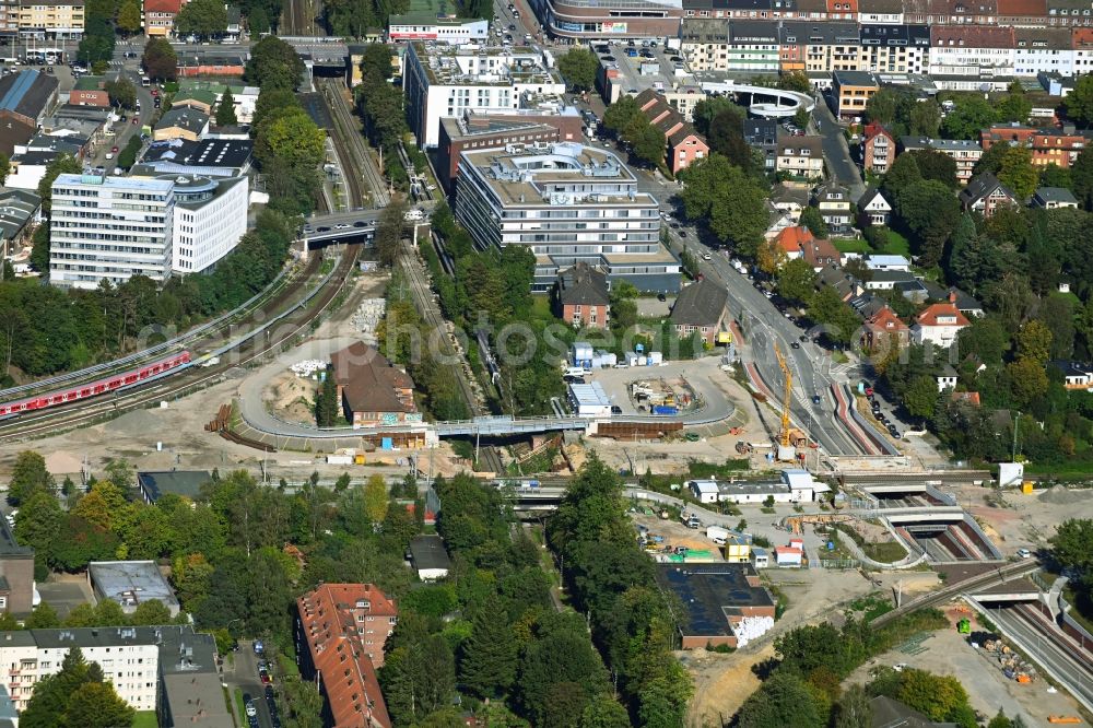 Hamburg from above - Construction site with tunnel guide for the route of Hammer Trog along the Hammer Strasse in the district Eilbek in Hamburg, Germany