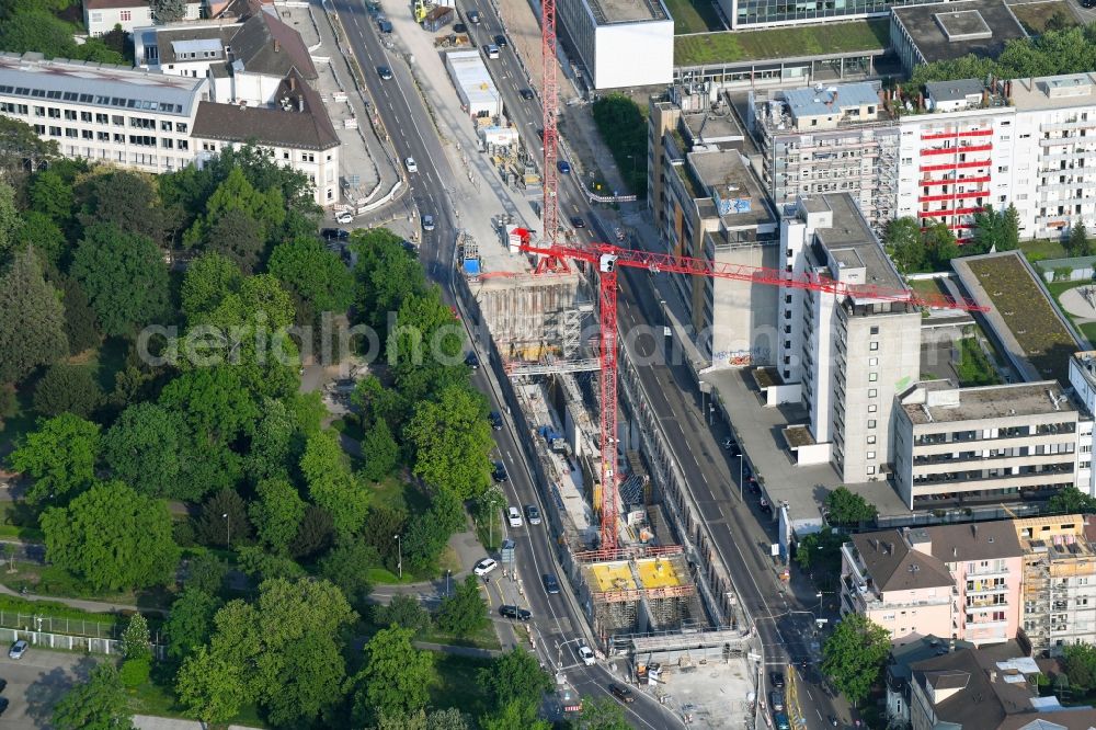 Aerial photograph Karlsruhe - Construction site with tunnel guide for the route of Kriegsstrasse in the district Suedweststadt in Karlsruhe in the state Baden-Wurttemberg, Germany