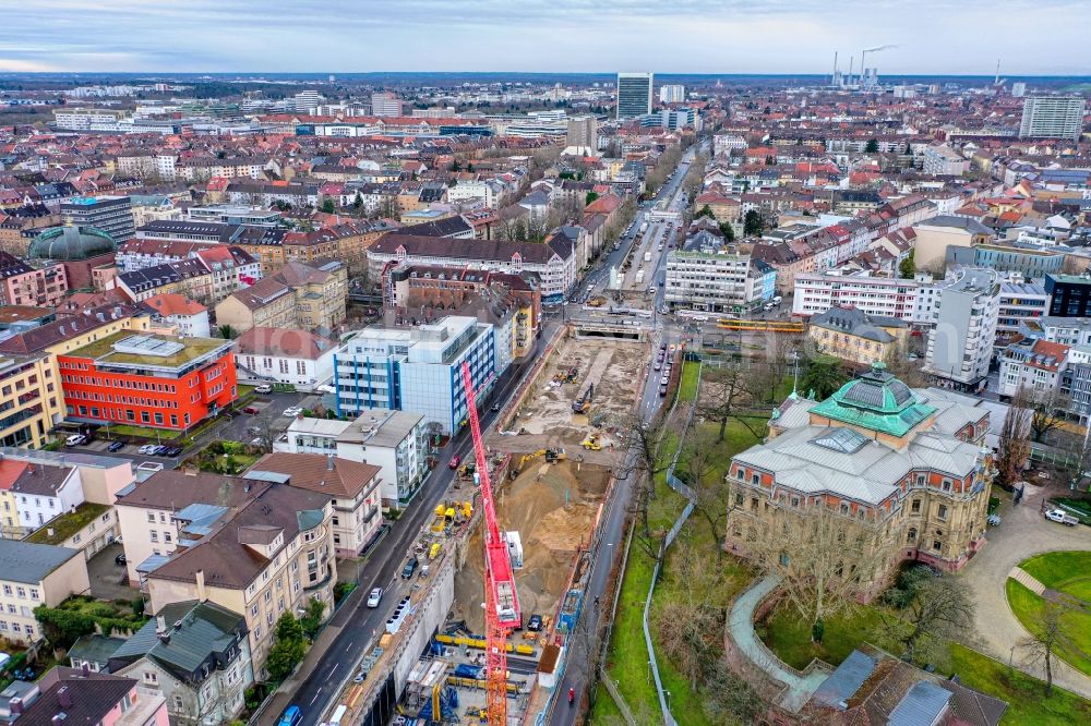 Aerial photograph Karlsruhe - Construction site with tunnel guide for the route of Kriegsstrasse in the district Suedweststadt in Karlsruhe in the state Baden-Wurttemberg, Germany