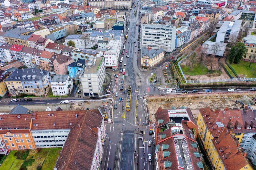 Karlsruhe from above - Construction site with tunnel guide for the route of Kriegsstrasse in the district Suedweststadt in Karlsruhe in the state Baden-Wurttemberg, Germany