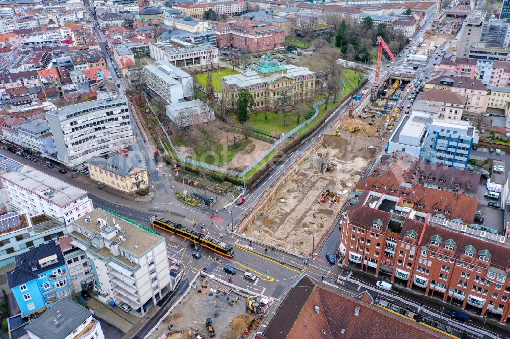 Karlsruhe from the bird's eye view: Construction site with tunnel guide for the route of Kriegsstrasse in the district Suedweststadt in Karlsruhe in the state Baden-Wurttemberg, Germany